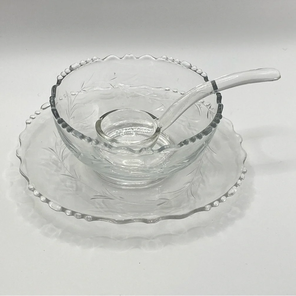 Vintage Tiffin-Franciscan Dolores 3 Piece Mayonnaise Set Clear Etched Glass MINT